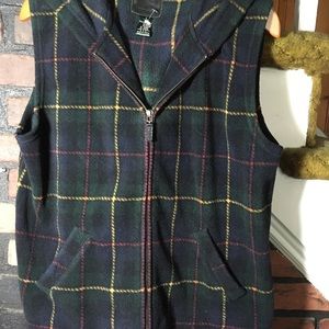 Ralph Lauren, Tartan Plaid Fleece Vest. Zip Front, Side Pickets, Hood, Large